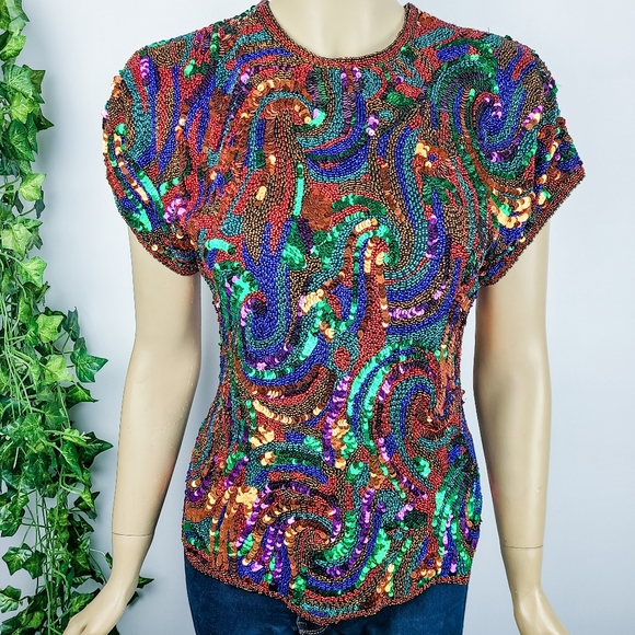 Oleg Cassini Tops - Vibrant Vintage Beaded Top